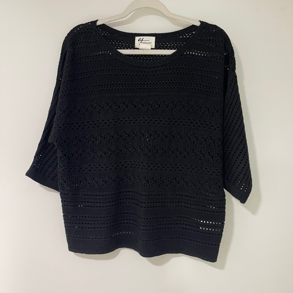 Andrea Jovine Crochet Knit Sweater Womens Medium Black 3/4 Sleeve |‎ Boho Chic